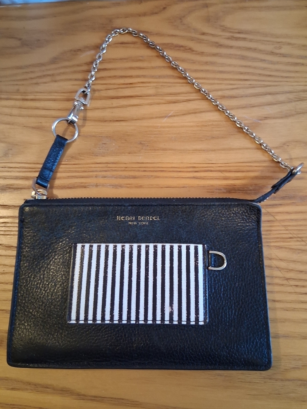 Vintage Y2K Retired Henri Bendel Black Stripe Kangaroo Chain Wristlet Pouch Bag